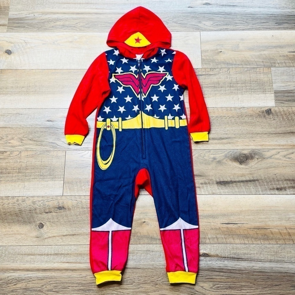 WONDER Woman Girls Hooded Fleece Union Suit Sleeper Pajamas Onesie Size XS